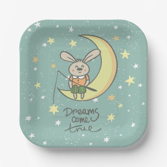 Assiettes En Carton Les rêves deviennent réalité | Lapin sur la Lune (Recto)