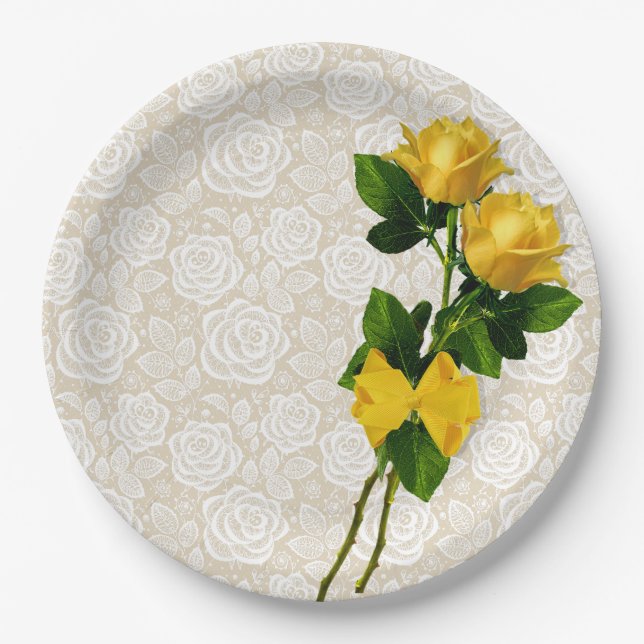 Assiettes En Carton Les roses jaunes cintrent la dentelle blanche (Devant)