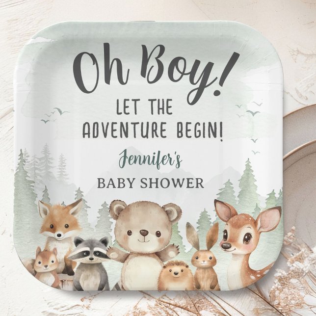 Assiettes En Carton Let The Adventure Begin Baby Shower Boy Woodland (Créateur téléchargé)