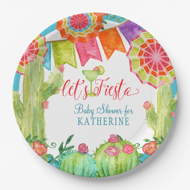 Assiettes En Carton Lets Fiesta Cactus Baby shower bleu garçon Margari (Devant)