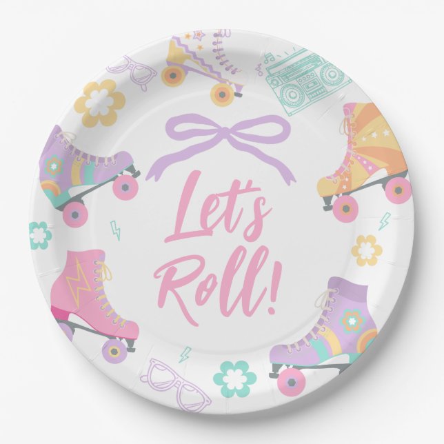 Assiettes En Carton Lets Roll Roller Skate Retro Girl Birthday Pastel (Devant)