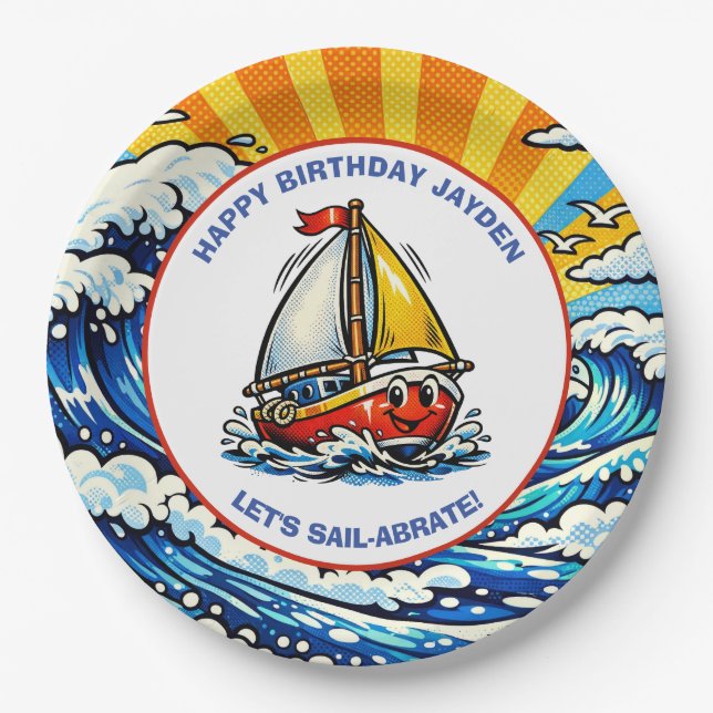 Assiettes En Carton Let's Sail-abrate | Sailboat Themed Boy's Birthday (Devant)