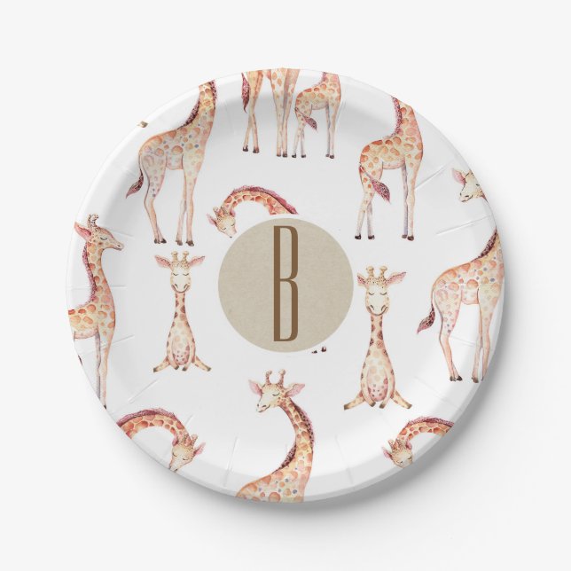 Assiettes En Carton LETTRE Baby shower Tan Giraffes MONOGRAPHE INITIAL (Devant)