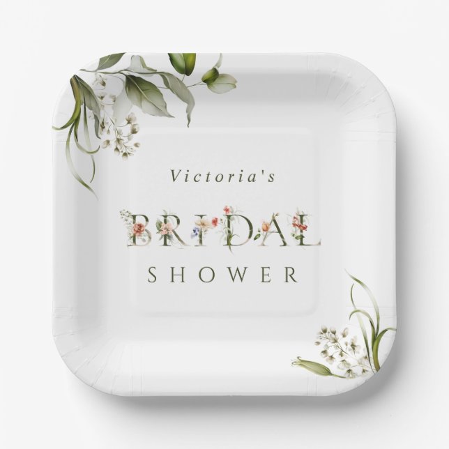 Assiettes En Carton LETTRE BOtanique Olive Vert Floral Fête des mariée (Recto)