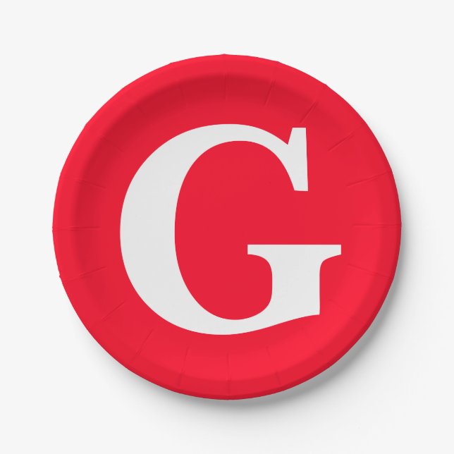 Assiettes En Carton Lettre initiale Monogramme Rouge Blanc Plaine Simp (Devant)