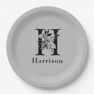 Assiettes En Carton LETTRE MONOGRAPHIQUE GRAY ET NOIR Floral H Personn