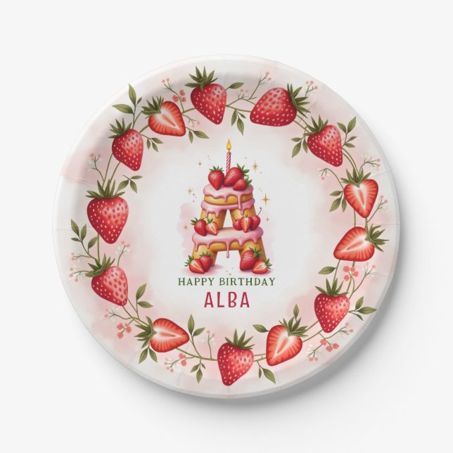 Assiettes En Carton Lettre Plaque d'Anniversaire fraise A Cake Design (Devant)
