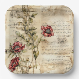 Assiettes En Carton Lettre vintage d'amour parchemin avec fleurs (1)