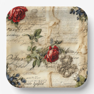 Assiettes En Carton Lettre vintage d'amour parchemin avec fleurs (9)