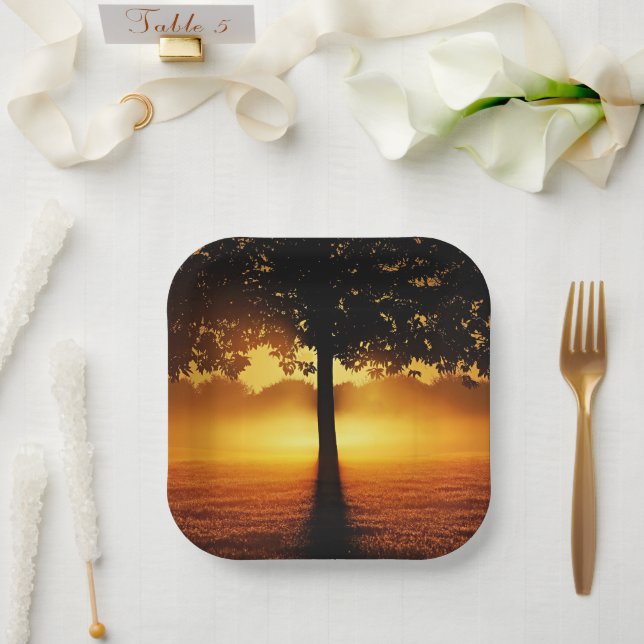 Assiettes En Carton Lever du soleil, silhouette des arbres, (Mariage)