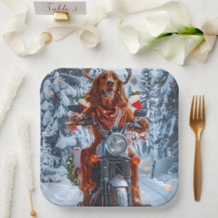 Assiettes En Carton Lévrier Irlandais Rouge à Vélo sur une Moto Noël
