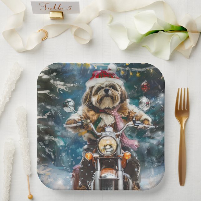 Assiettes En Carton Lhasa Apso Chien à cheval Moto Noël (Mariage)