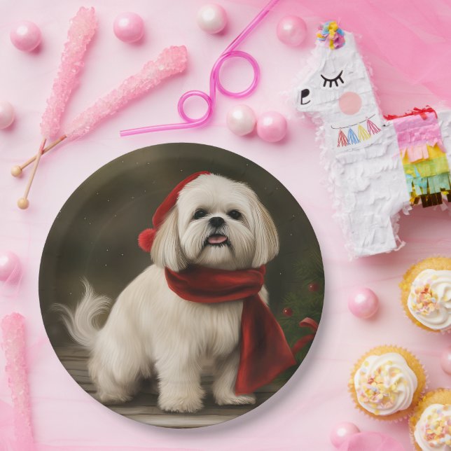 Assiettes En Carton Lhasa Apso Chien dans Noël de neige (Fête)