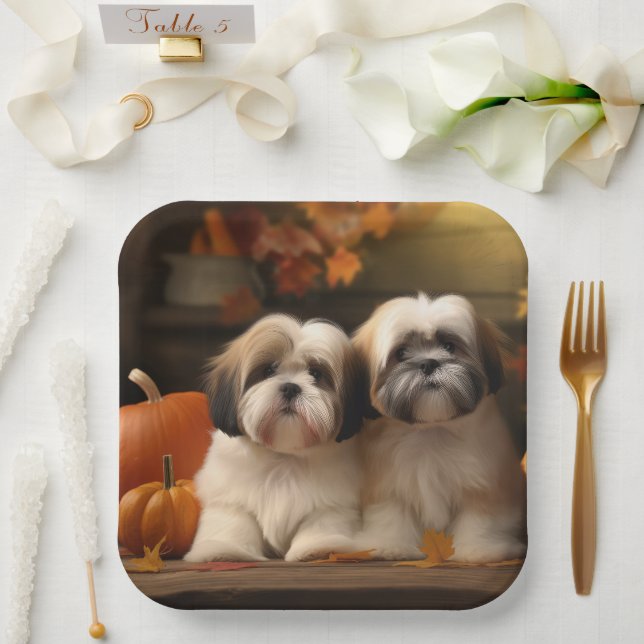 Assiettes En Carton Lhasa Apso Chiot Automne Citrouille de plaisir (Mariage)
