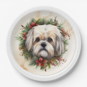 Assiettes En Carton Lhasa Apso Christmas Wreath Festive Pup