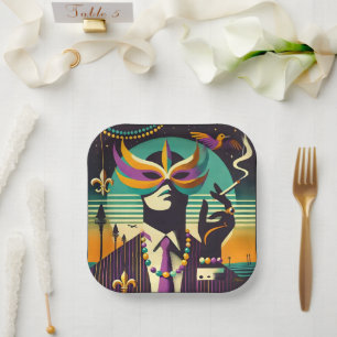 Assiettes En Carton L'Homme Fumeur Rétro du Milieu du Siècle Mardi Gra