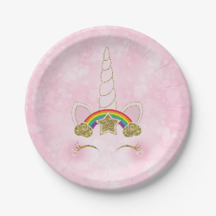 Assiettes En Carton Licorne à corne visage arc-en-ciel or coeurs roses