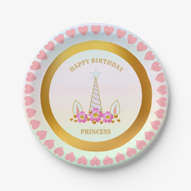 Assiettes En Carton Licorne, Fleurs, Cœurs & Points Dorés (Devant)