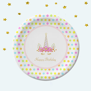 Assiettes En Carton Licorne Magique d'Anniversaire & Confettis Colorés