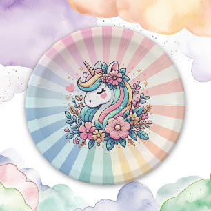Assiettes En Carton Licorne Magique Rose et Or et Fleurs