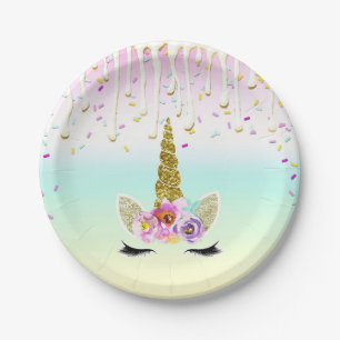 Assiettes En Carton Licorne Pastel Arc-en-ciel Glaçage Goutte Annivers