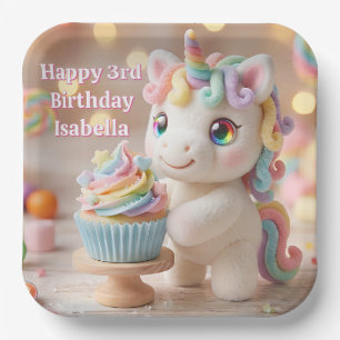 Assiettes En Carton Licorne pastel avec gâteau arc-en-ciel