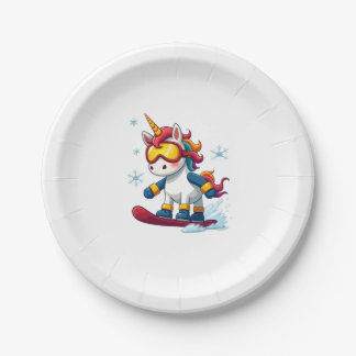 Assiettes En Carton Licorne sur Snowboard - Ski drôle et sports d'hive