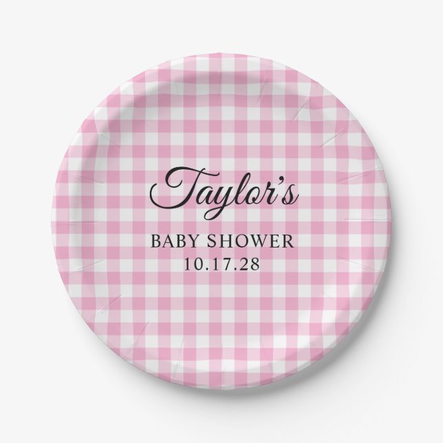 Assiettes En Carton Light Pink Gingham Plaid Baby Shower (Devant)