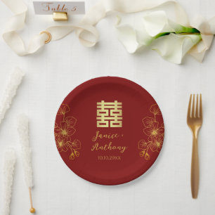 Assiettes En Carton Ligne de fleur de cerisier double bonheur chinois