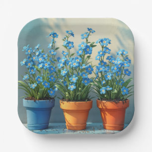 Assiettes En Carton Ligne des pots de fleurs oubliés-moi-pas