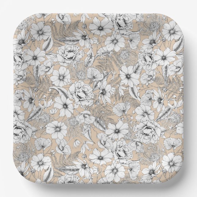 Assiettes En Carton Ligne florale botanique tirant fougères tan beige (Recto)