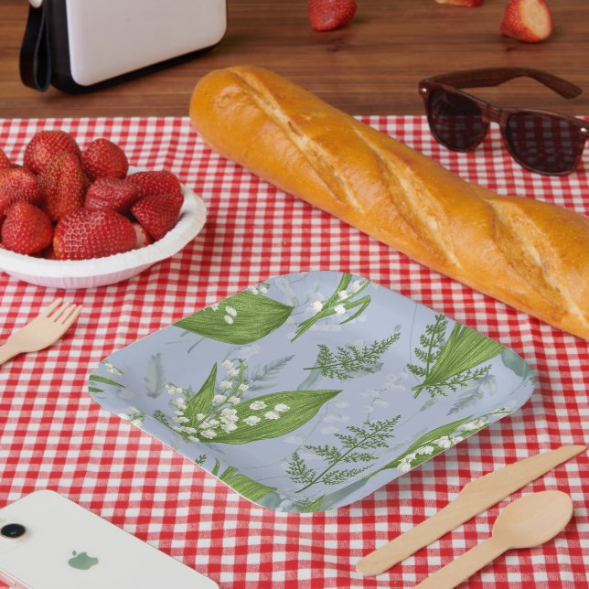 Assiettes En Carton Lily de Vallée avec des fougères || Bleu Clair (Pique-nique)