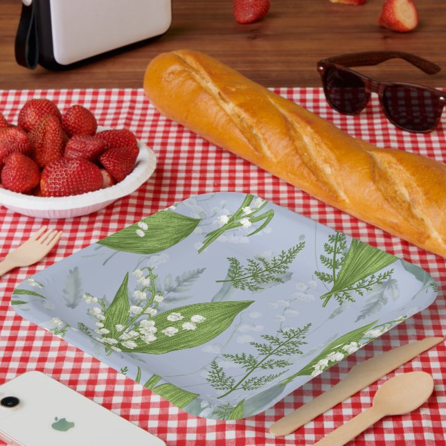 Assiettes En Carton Lily de Vallée avec des fougères || Bleu Clair (Pique-nique)