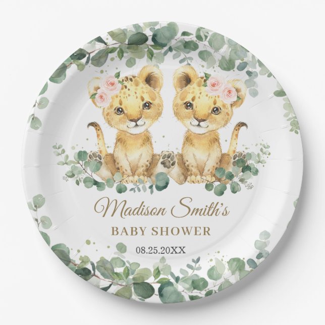 Assiettes En Carton Lion Cubs Greenery Twin Girls Baby Shower  (Devant)