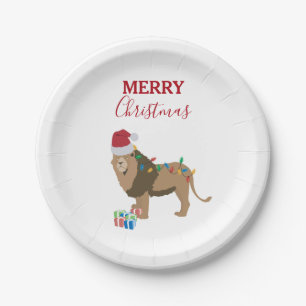 Assiettes En Carton Lion de Noël animal drôle avec chapeau de Père Noë