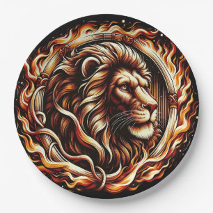 Assiettes En Carton Lion Flamboyant dans un Anneau de Flammes d'Astrol