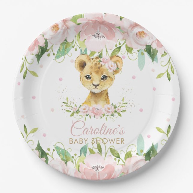 Assiettes En Carton Lion floral rose pâle Baby shower d'anniversaire (Devant)