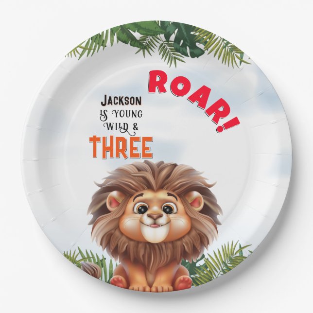 Assiettes En Carton Lion Safari Wild & Trois Anniversaires de enfants (Devant)