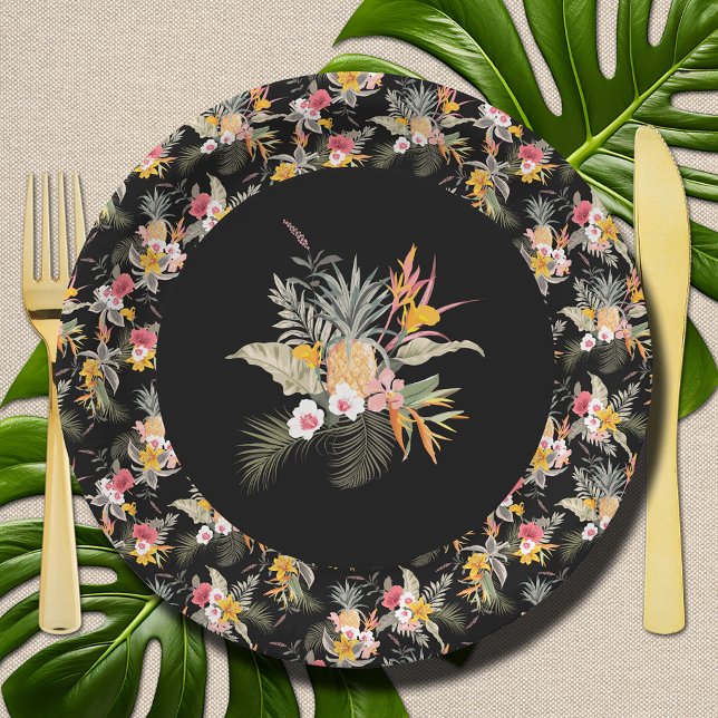 Assiettes En Carton Liquide d'hibiscus d'ananas tropical sur noir (Tropical Pineapple Hibiscus Foliage on Black Paper Plates)