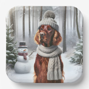 Assiettes En Carton L'Irlandais Setter à Noël avec bonhomme de neige