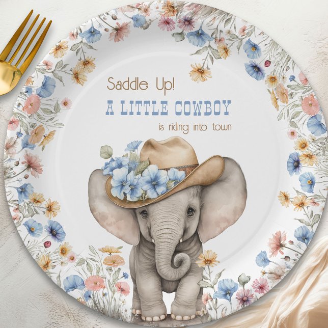 Assiettes En Carton Little Cowboy Elephant and Boho Fleur sauvage (Little Cowboy paper plates from the Boho Elephant Baby Shower Collection by Darling & May)