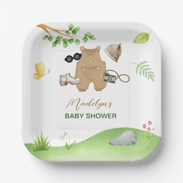 Assiettes En Carton Little Explorer Woodland Forest Hiking Baby Shower (Recto)
