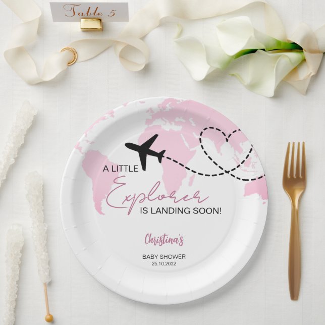 Assiettes En Carton Little Explorer World Map Baby shower rose (Mariage)