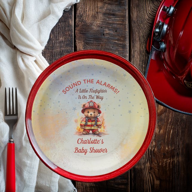 Assiettes En Carton Little Firefighter Teddy Bear Baby Shower  (Sound the Alarms!  A Little Firefighter Is On The Way Cute Teddy Bear Baby Shower Paper Plates)