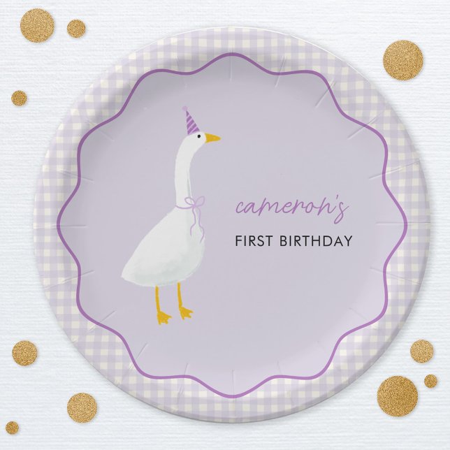 Assiettes En Carton Little Goose En vichy premier anniversaire (Little Goose personalized first birthday paper plates with wavy frame and lilac gingham check detail)