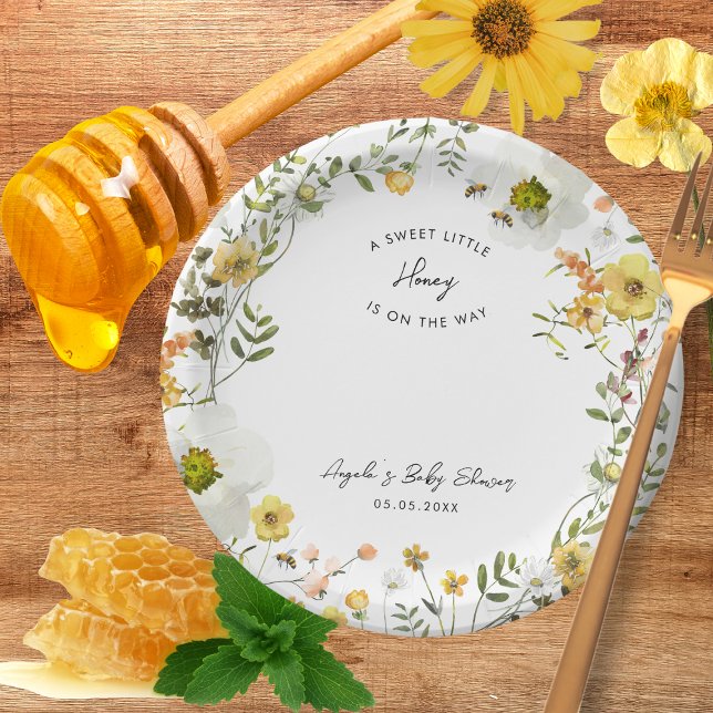 Assiettes En Carton Little Honey Bee Baby shower Fleur sauvage jaune (Créateur téléchargé)