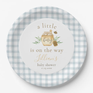 Assiettes En Carton Little Honey On The Way Blue Gingham Baby Shower
