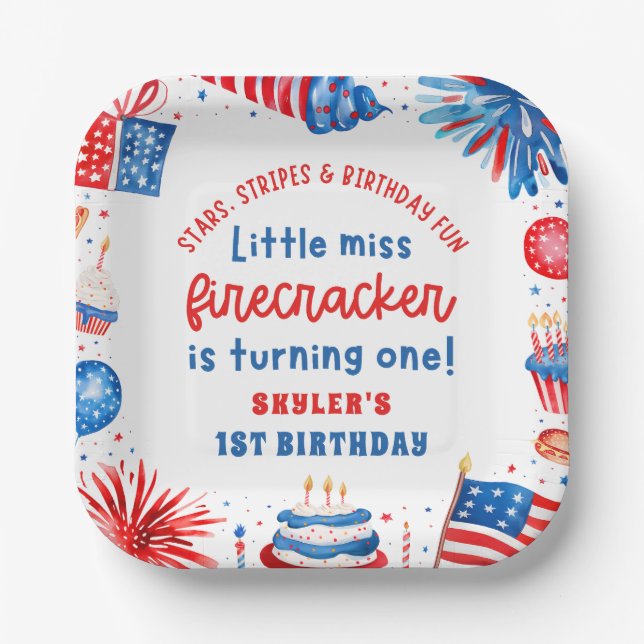 Assiettes En Carton Little Miss Firecracker 4 juillet 1er anniversaire (Recto)
