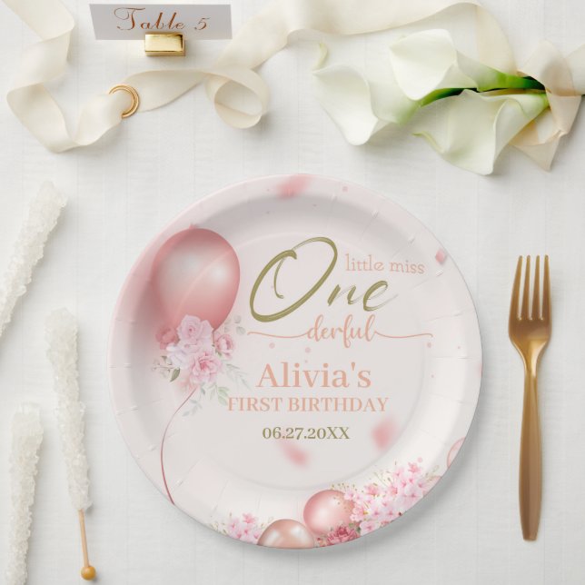 Assiettes En Carton Little Miss ONE derful rose Floral 1er anniversair (Mariage)