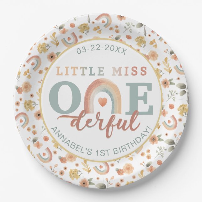 Assiettes En Carton Little Miss Onederful Boho Rainbow Anniversaire Pa (Devant)
